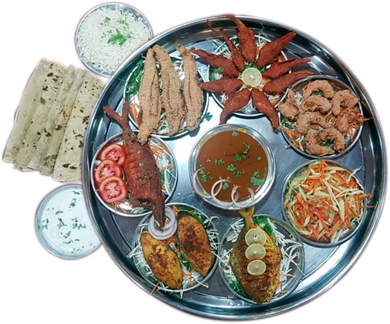 Malvani fish thali with surmai, pomfret and prawns