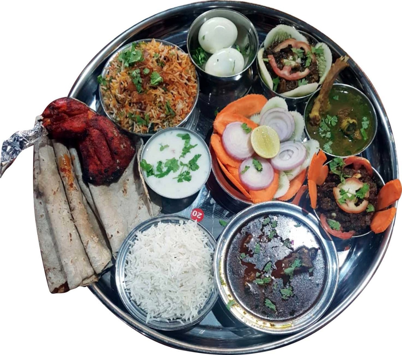 Special mutton thali with biryani and bhakri